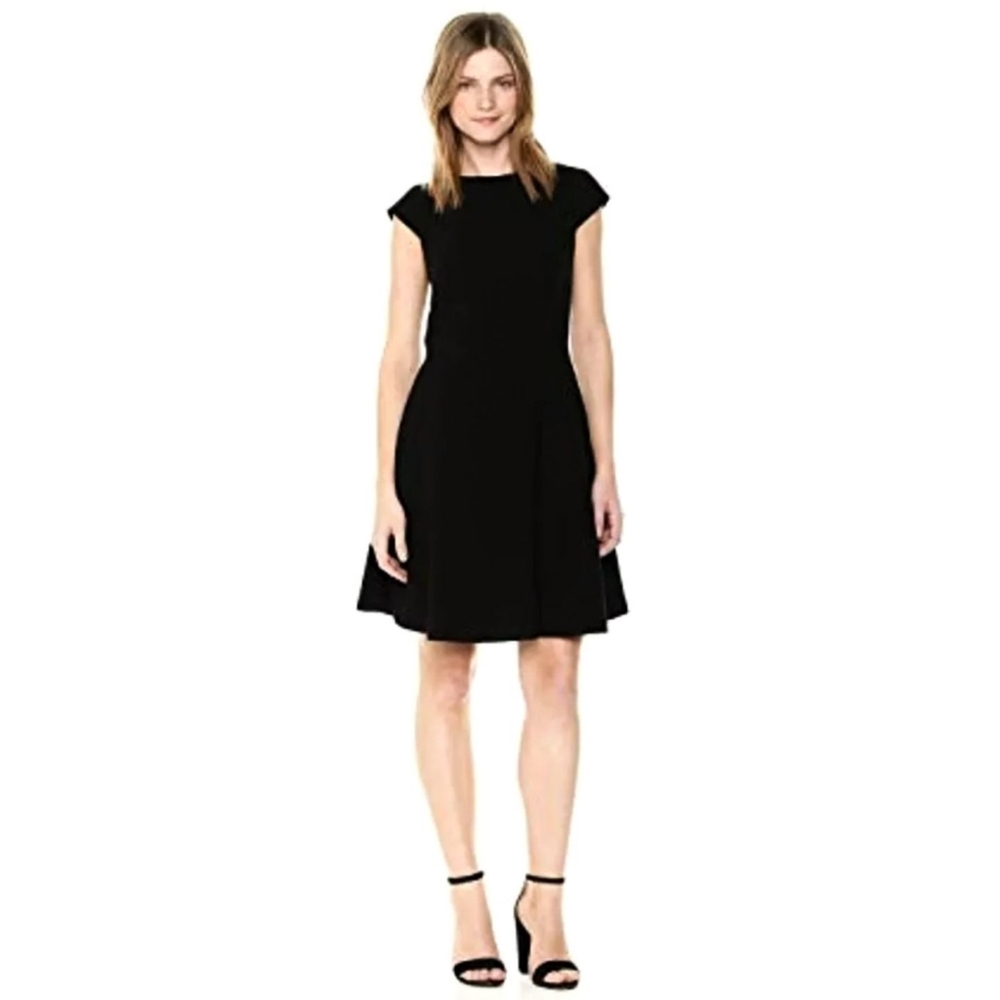 Theory Cap Sleeve A Line Dress Black Bow Work Fit And Flare Crepe